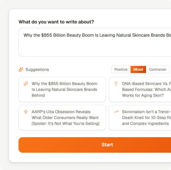 Austen topic-input screen with tone toggle and trending suggestions
