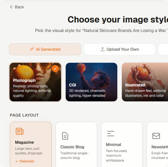 Austen image-style and page-layout picker with magazine-style options