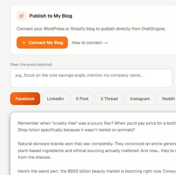 Austen publish screen with social channel tabs and content preview